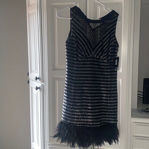 NWT Nanette Lepore Black and Silver Mini Dress with feathers - Size 2